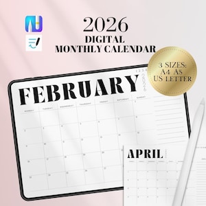 Puede incluir: Un calendario mensual digital de 2026 que se muestra en una tableta. El calendario muestra el mes de febrero con un diseño minimalista. La imagen también incluye el texto "3 TAMAÑOS: A4 A5 US LETTER". También es visible un lápiz óptico blanco.