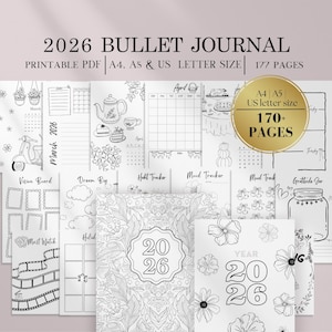 May include: A printable 2026 bullet journal with various layouts, including calendars, trackers, and vision boards. The journal is available in A4, A5, and US letter sizes, with over 170 pages. The cover features floral designs and the year 2026.