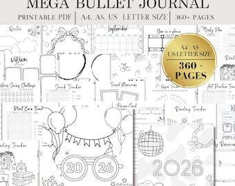 2026 Mega Bullet Planner Journal Pages: Printable Premade bujo monthly yearly Mood habit Trackers