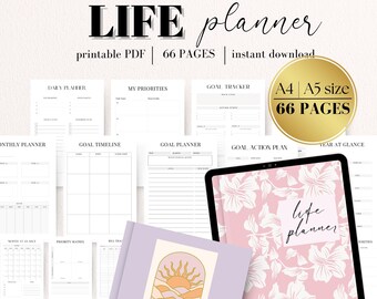 May include: A digital life planner with a soft lavender cover featuring a sun and mountain design. The planner includes daily, monthly, and goal-setting pages, with the text "LIFE planner" and "66 PAGES". Also includes a tablet with a floral design.