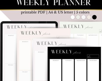 Könnte beinhalten: Ein digitales Tablet zeigt fünf verschiedene wöchentliche Planervorlagen an. Die Vorlagen sind in Schwarz, Weiß und Grautönen gehalten. Der Text "WEEKLY planner" erscheint auf jeder Vorlage.