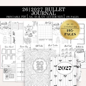Op de afbeelding: Een 2027 bullet journal printbare PDF-set met 195 pagina's in A4, A5 en US letter-formaat. De collectie bevat diverse zwart-wit paginalay-outs zoals maandkalenders, gewoonte-trackers, stemmings-trackers en vision boards voor planning.