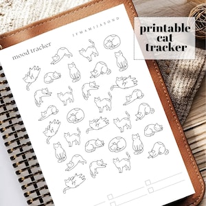 May include: A printable cat mood tracker sheet featuring numerous line drawings of cats in various poses. The sheet includes the text "mood tracker" and the months of the year. The design is in black and white, suitable for journaling or planning.