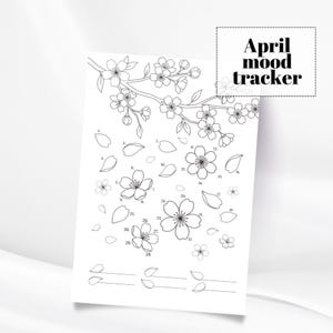Puede incluir: Rastreador de estado de ánimo de abril en blanco y negro con ilustraciones florales. El diseño presenta ramas de flores de cerezo, flores individuales y pétalos numerados. Las palabras "April mood tracker" están en un cuadro blanco.