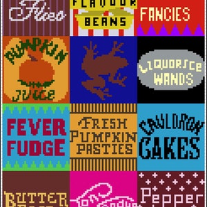 May include: A colourful illustration of a shop selling various sweets and treats. The illustration is divided into 12 squares, each with a different product. Some of the products include "Fudge", "Every Flavour Beans", "Fainting Fancies", "Pumpkin Juice", "Liquorice Wands", "Fever Fudge", "Fresh Pumpkin Pasties", "Strawberry Cakes", "Butter Beer", "Toffee", and "Pepper Imps".