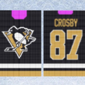 Op de afbeelding: Een zwart en gouden hockeytrui met het logo van de Pittsburgh Penguins en de naam "Crosby" en nummer "87" op de voorkant.