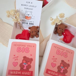 Könnte beinhalten: Zwei Geschenkboxen mit rosa und weißem Design. Jede Box enthält einen kleinen braunen Teddybären, ein rotes Herz und eine Karte mit der Aufschrift "Sending you a BIG WARM HUG!" und "For a beary lovely person!"