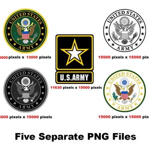 May include: Five different versions of the United States Army logo. The logos are in black and white, green and gold, and black and gold. The logos are all circular with the words "United States Army" around the outside. The logos are all different sizes.