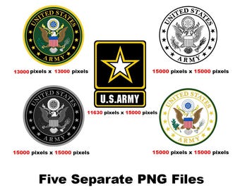 May include: Five different versions of the United States Army logo. The logos are in black and white, green and gold, and black and gold. The logos are all circular with the words "United States Army" around the outside. The logos are all different sizes.
