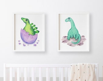 Set of Two Baby Dinosaurs Nursery Wall Art Printables - Stegosaurus & Diplodocus