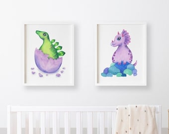 Set of Two Baby Dinosaurs Nursery Wall Art Printables - Stegosaurus & Triceratops