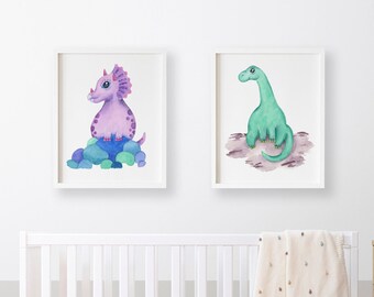 Set of Two Baby Dinosaurs Nursery Wall Art Printables - Triceratops & Diplodocus