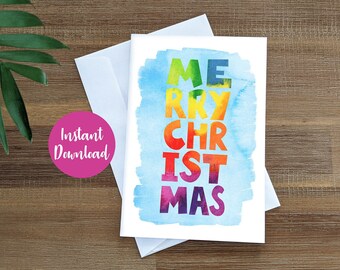 Printable Christmas Card, Rainbow Merry Christmas Card, Watercolour Christmas Card, Print at Home