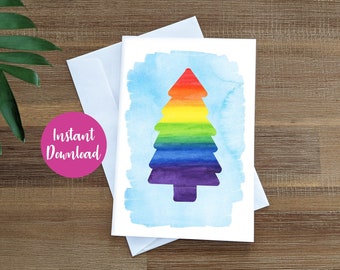 Printable Christmas Card, Rainbow Christmas Tree Card, Watercolour Christmas Card, Print at Home