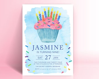 Ninth Birthday Party Invitation, Cupcake Watercolour Ninth Birthday Invitation, Party Printable Invitations, Digital Download