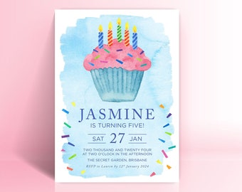 Fifth Birthday Party Invitation, Cupcake Watercolour Fifth Birthday Invitation, Party Printable Invitations, Digital Download