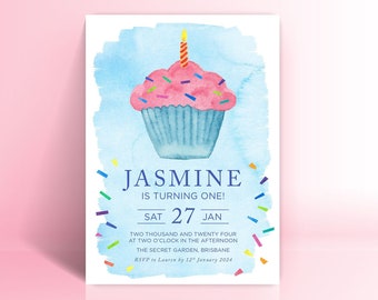 First Birthday Party Invitation, Cupcake Watercolour First Birthday Invitation, Party Printable Invitations, Digital Download