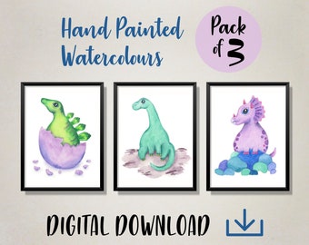 Set of Three Baby Dinosaurs Nursery Wall Art Printables - Stegosaurus, Triceratops, Diplodocus