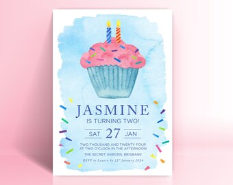 Second Birthday Party Invitation, Cupcake Watercolour Second Birthday Invitation, Party Printable Invitations, Digital Download
