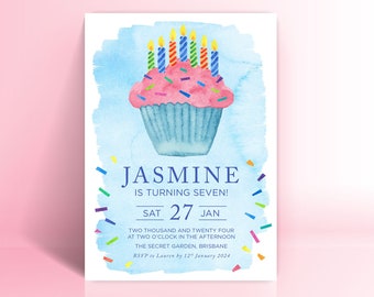 Seventh Birthday Party Invitation, Cupcake Watercolour Seventh Birthday Invitation, Party Printable Invitations, Digital Download