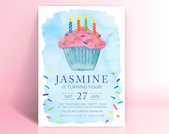 Fourth Birthday Party Invitation, Cupcake Watercolour Fourth Birthday Invitation, Party Printable Invitations, Digital Download