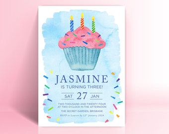 Third Birthday Party Invitation, Cupcake Watercolour Third Birthday Invitation, Party Printable Invitations, Digital Download