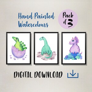 Set of Three Baby Dinosaurs Nursery Wall Art Printables - Stegosaurus, Triceratops, Diplodocus