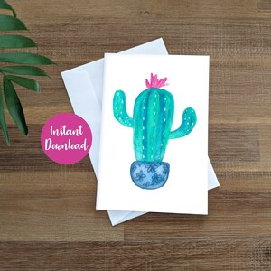 Carte imprimable avec cactus, carte cactus aquarelle, carte de vœux imprimable, impression à la maison