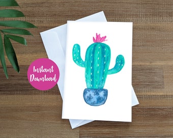 Printable Card with Cactus, Watercolour Cactus Card, Printable Greeting Card, Print at Home