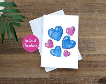 Printable Card with Hearts, Heart Emoji Card, Printable Greeting Card, Print at Home