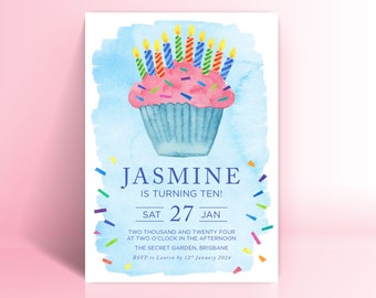 Tenth Birthday Party Invitation, Cupcake Watercolour Tenth Birthday Invitation, Party Printable Invitations, Digital Download