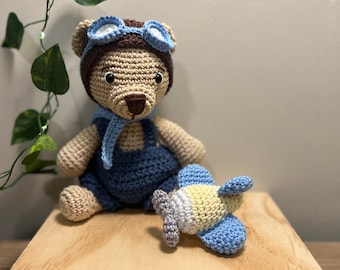 Aviator Crochet Bear, Aviator plush, Aviator teddy bear, amigurumi bear