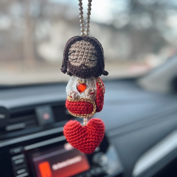 Jesus car charm, amigurumi crochet Jesus, car pendant, Jesus sacred heart