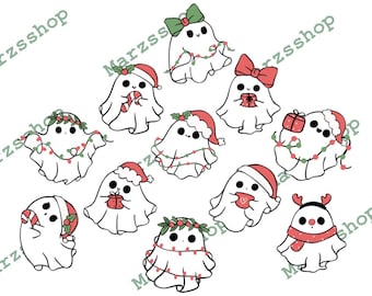 May include: A set of 10 Christmas-themed ghost illustrations. Each ghost is white with a red Santa hat, green holly, and red and green Christmas lights. Some ghosts are holding gifts or candy canes.