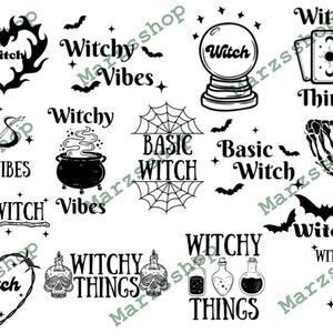 May include: A collection of 12 black and white illustrations with a witchy theme. The illustrations include a heart with the word "Witch" inside, a crystal ball with the word "Witch" inside, a broom and a cauldron, a spider web with the words "Basic Witch" inside, a bat with the word "Witch" inside, a hand with the word "Witch" inside, and a variety of other witchy designs.