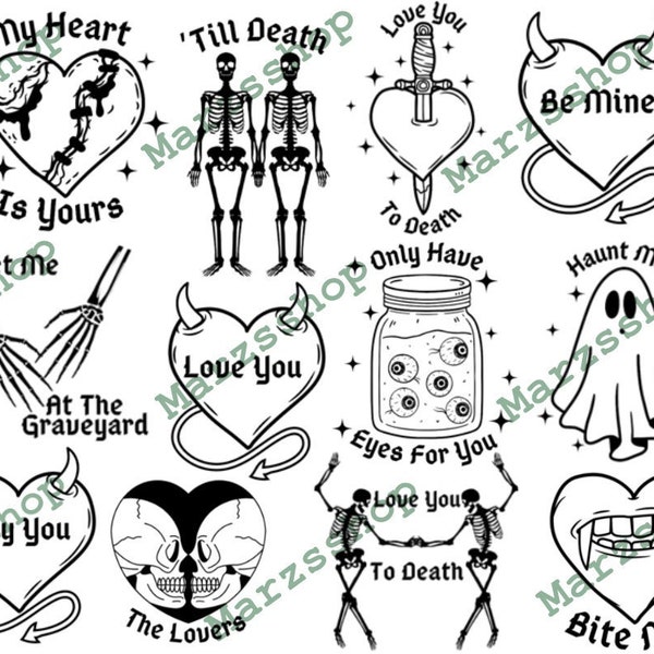 12 Piece SVG and PNG Bundle Creepy Valentines,Spooky Valentines svg, Haunt Me svg, Bite Me svg, The Lovers svg, Til Death svg, Skeleton Love