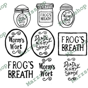 May include: Black and white line art illustrations of potion bottles with labels that read "Worm's Wort", "Frog's Breath", and "Deadly Night Shade".