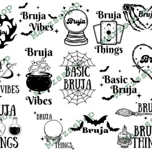 Könnte beinhalten: Eine Sammlung von 12 Schwarzweißillustrationen mit dem Wort "Bruja" in verschiedenen Stilen. Die Illustrationen beinhalten ein Herz, einen Kessel, einen Besen, ein Spinnennetz, eine Kristallkugel, einen Schädel und Fledermäuse.
