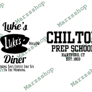 May include: Black and white graphic design featuring the text "Luke's Diner" with a stylized diner logo and the text "Nothing says coffee like six in the morning". Below the graphic is the text "Chilton Prep School, Hartford, CT, Est. 1803".