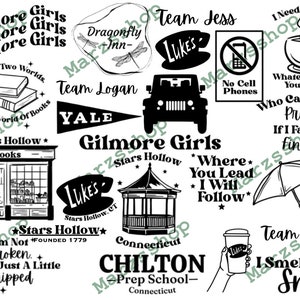 23 Stück SVG und PNG Bundle Gilmore Girls, Team Dean, Team Jess, Team Logan, Dragonfly Inn svg, Luke's Diner svg, I Smell Snow svg,