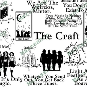 May include: Black and white illustration of a tarot card with the words "The Craft" on it. The card is surrounded by other illustrations, including a group of witches, candles, and a pentagram.