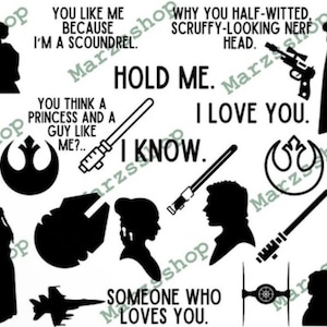 24-częściowy pakiet SVG i PNG Kocham Cię Wiem, Trzymaj mnie SVG, Space Princess SVG, Scoundrel SVG, Rebel SVG