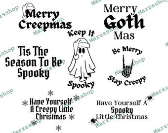Könnte beinhalten: Ein Satz von zehn schwarz-weißen digitalen Designs mit gruseligen Weihnachtsgrüßen. Die Designs beinhalten Sätze wie "Merry Creepmas", "Tis the Season to Be Spooky", "Merry Goth Mas", "Be Merry Stay Creepy", "Have Yourself a Creepy Little Christmas" und "Have Yourself a Spooky Little Christmas".