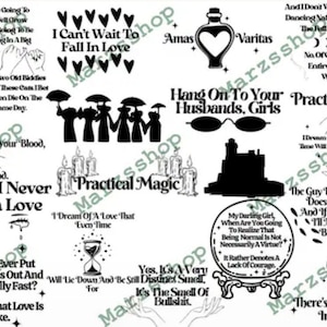 18 ピースの SVG および PNG バンドル Practical Magic、Owens Sisters svg、Amas Varitas svg、I Can’t Wait To Fall In Love svg、Witch In All Of Us svg