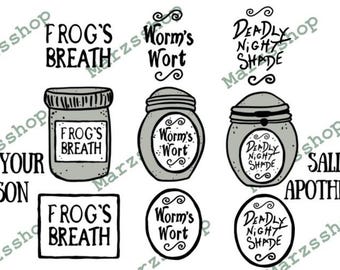 11 Piece PNG Bundle Sally Inspired,Sally's Apothecary png, Frog's Breath png, Worm's Wort png, Deadly Night Shade png, Halloween png, Sally