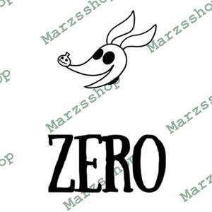 May include: Black and white illustration of a cartoon dog with a pumpkin on its nose. The word "ZERO" is written below the dog.