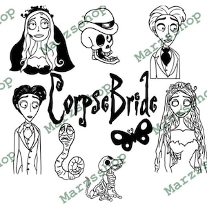 9 Stück SVG und PNG Bundle Corpse Bride, Emily svg, Victor svg, Bonejangles svg, Scraps svg, Schmetterling svg, Made svg, Land der Toten svg