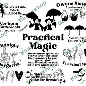 Paquete de 12 piezas SVG y PNG Magia práctica, Brujas svg, Margaritas de medianoche svg, Hermanas Owens svg, Bruja bruja png, Verbena Botanicals