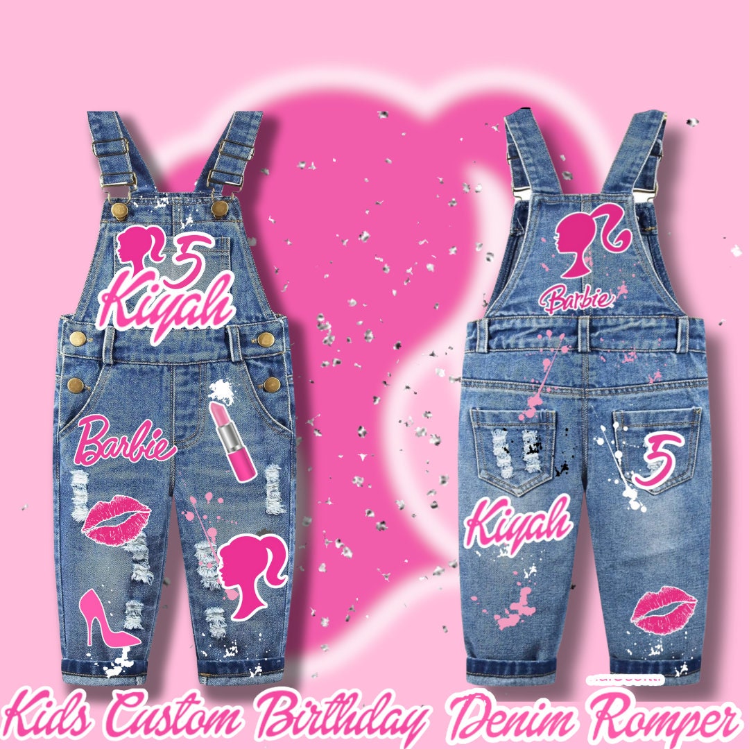 Kids Pink Custom Denim Birthday Romper Etsy
