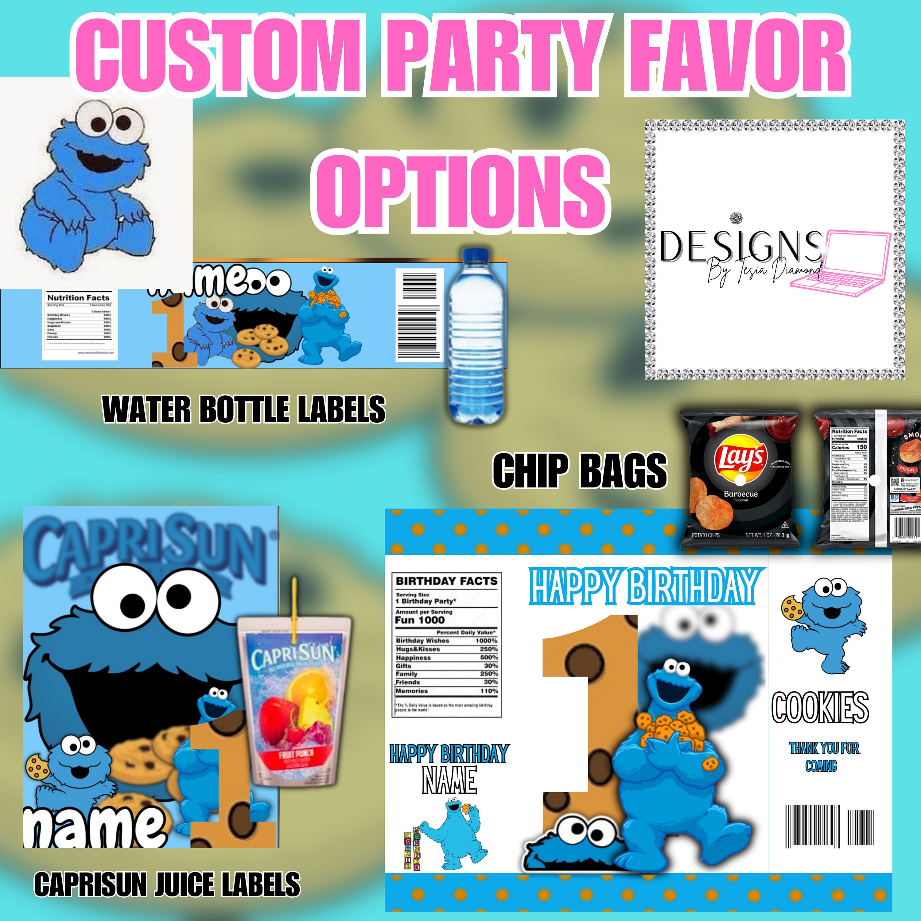 Cookie Monster Birthday decorations and homemade loot bags  Monster  decorations, Monster cookies, Mickey mouse invitations
